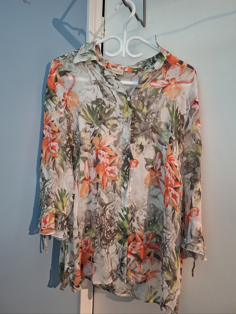 Rabe Tropical Floral Blouse With Ruffle Sleeves Size 16